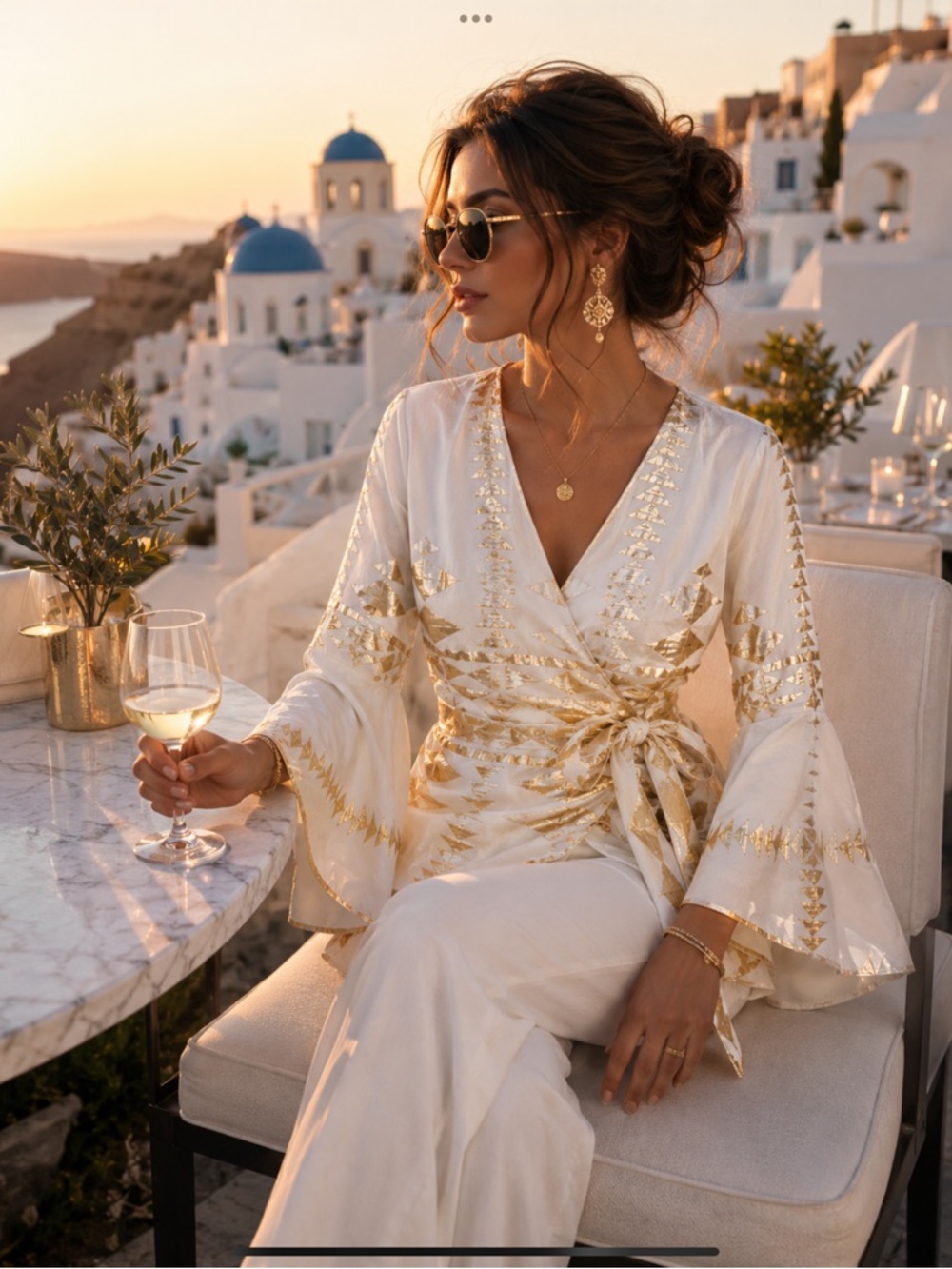 Soft Gold Greek Goddess Wrap Dress Metallic Resort Mini Dress Bell Sleeve Greece